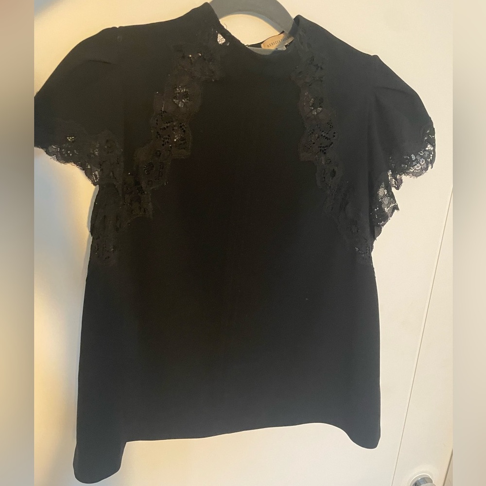 Rebecca Taylor black blouse with puff sleeves and lace detail
